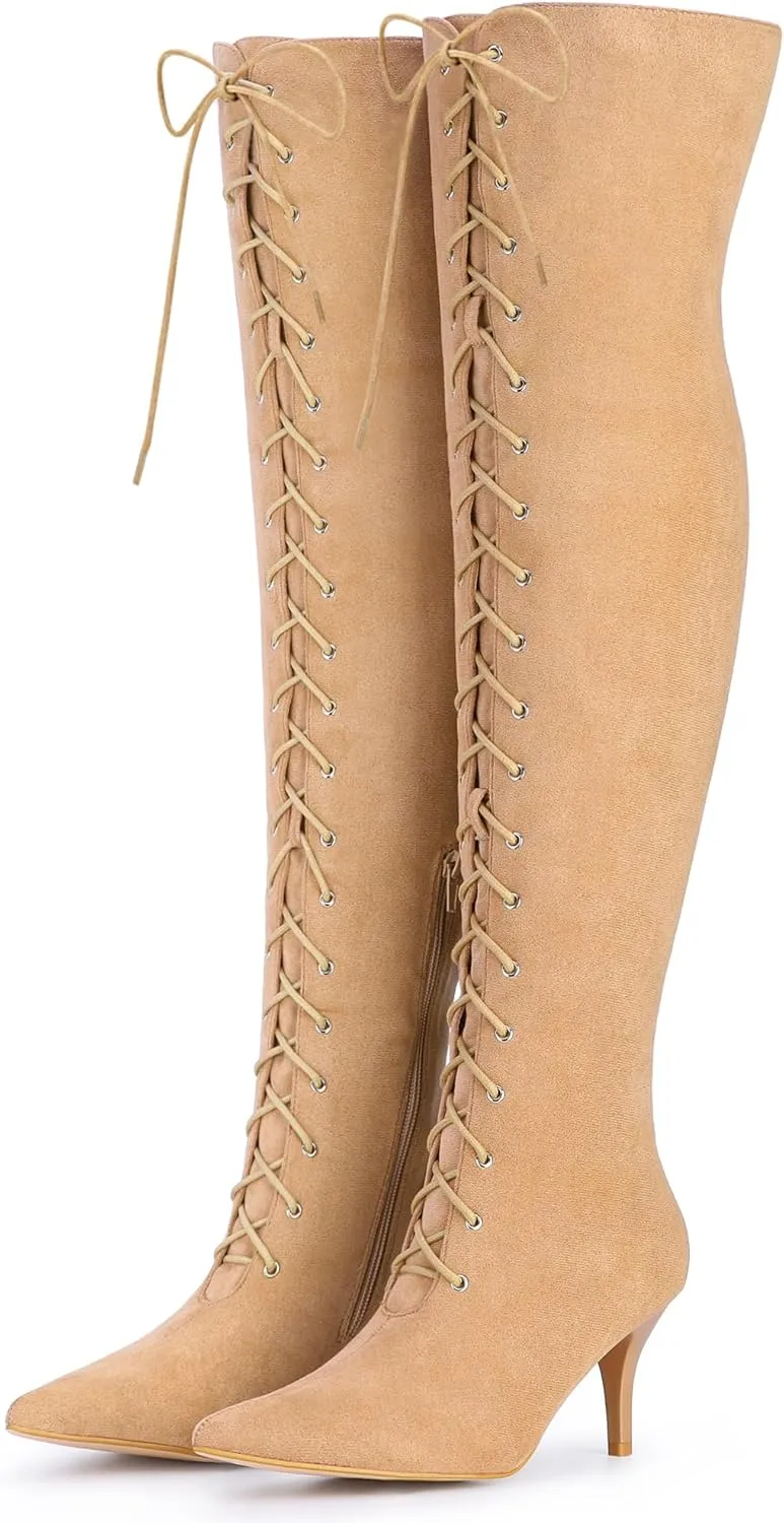 Allegra K Women's Thigh High Boots Lace Up Stiletto Heel Over Knee High Boots