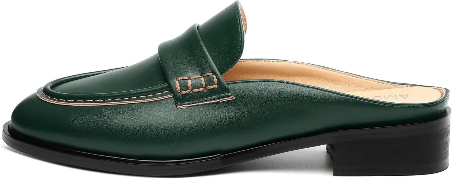 AMBELIGHT Comfortable Mules Flats for Women Loafers Chunky Heel Round Closed Toe Slip on Slingback Casual Classic Dressy Shoes