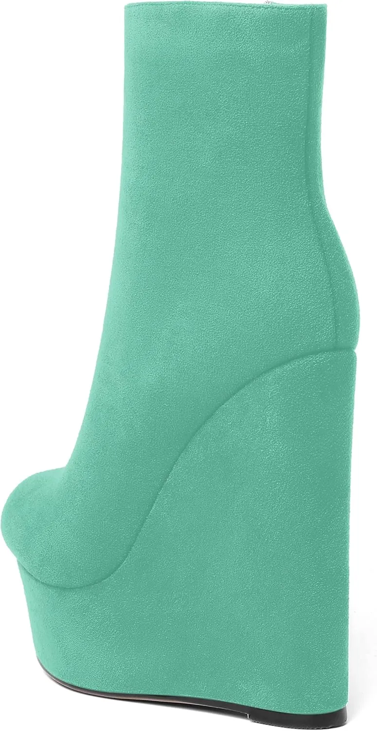 AMBELIGHT Womens Night Club Suede Round Toe Fashion Booties Platform Zip Wedge High Heel Ankle High Boots 6 Inch