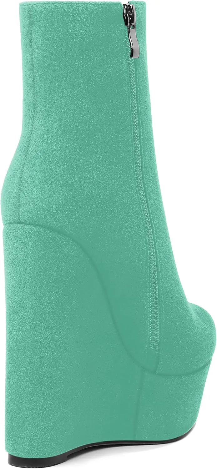 AMBELIGHT Womens Night Club Suede Round Toe Fashion Booties Platform Zip Wedge High Heel Ankle High Boots 6 Inch