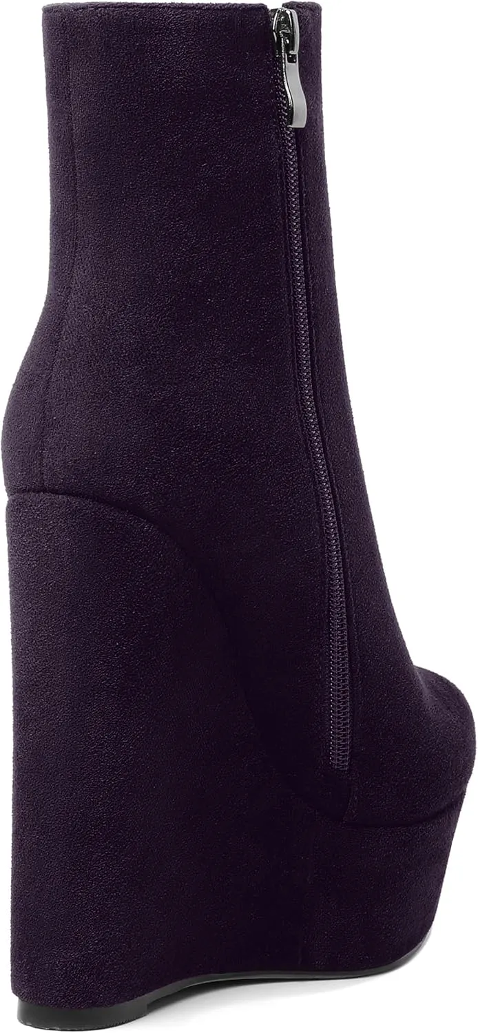 AMBELIGHT Womens Night Club Suede Round Toe Fashion Booties Platform Zip Wedge High Heel Ankle High Boots 6 Inch
