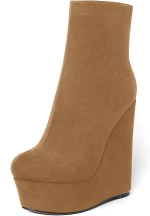 AMBELIGHT Womens Night Club Suede Round Toe Fashion Booties Platform Zip Wedge High Heel Ankle High Boots 6 Inch
