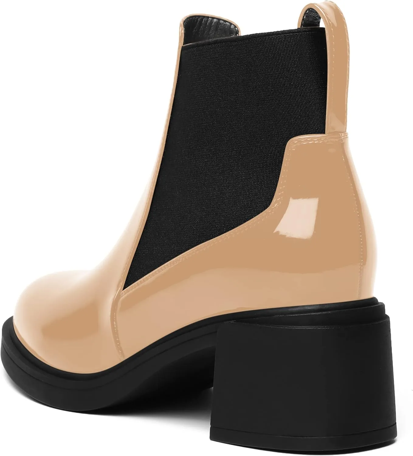 AMBELIGHT Womens Office Patent Chelsea Casual Elastic Round Toe Solid Chunky Mid Heel Ankle High Boots 2.5 Inch