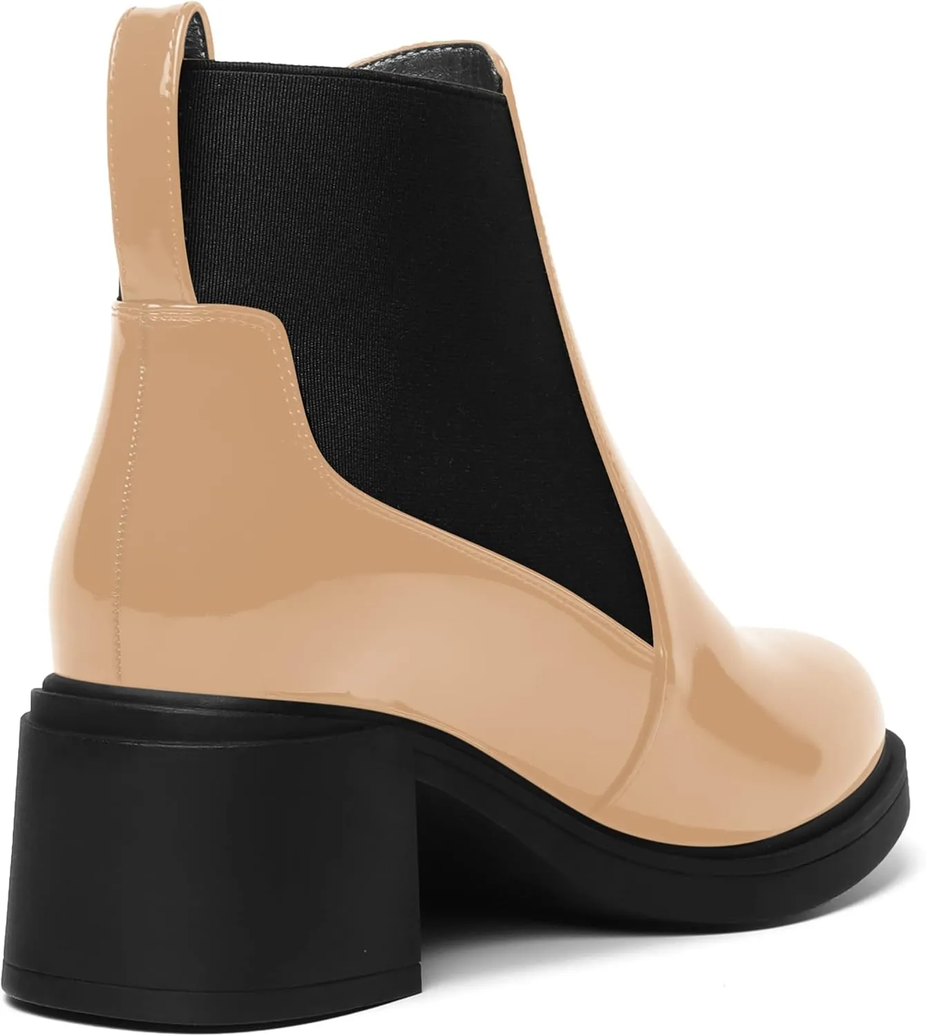 AMBELIGHT Womens Office Patent Chelsea Casual Elastic Round Toe Solid Chunky Mid Heel Ankle High Boots 2.5 Inch