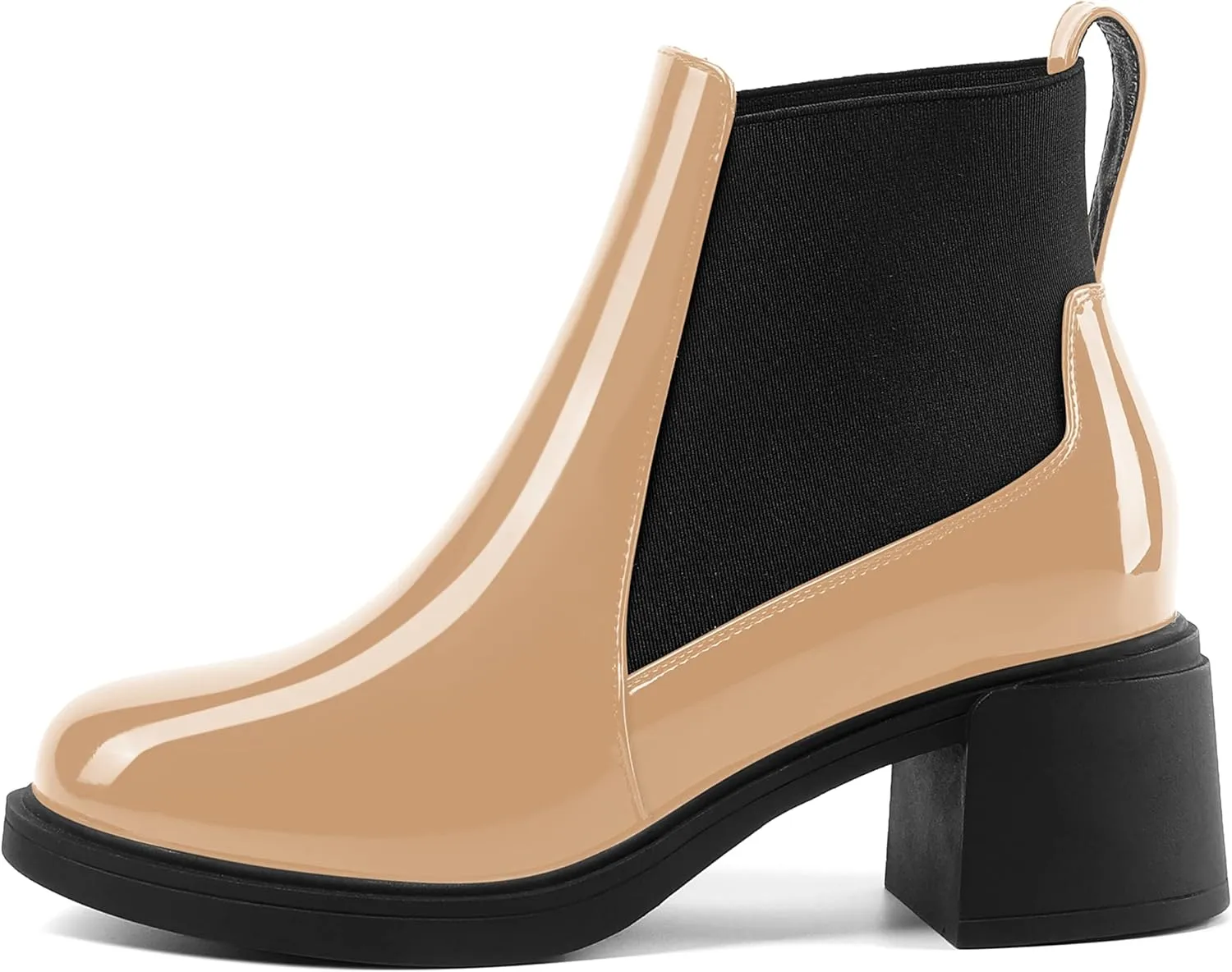 AMBELIGHT Womens Office Patent Chelsea Casual Elastic Round Toe Solid Chunky Mid Heel Ankle High Boots 2.5 Inch