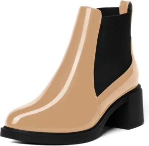 AMBELIGHT Womens Office Patent Chelsea Casual Elastic Round Toe Solid Chunky Mid Heel Ankle High Boots 2.5 Inch