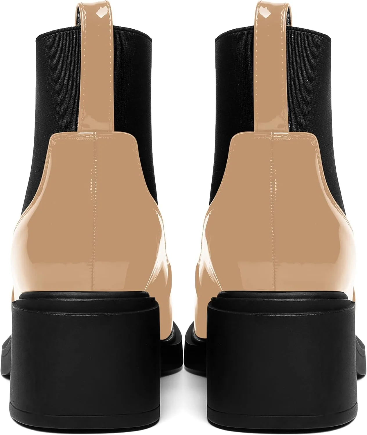 AMBELIGHT Womens Office Patent Chelsea Casual Elastic Round Toe Solid Chunky Mid Heel Ankle High Boots 2.5 Inch