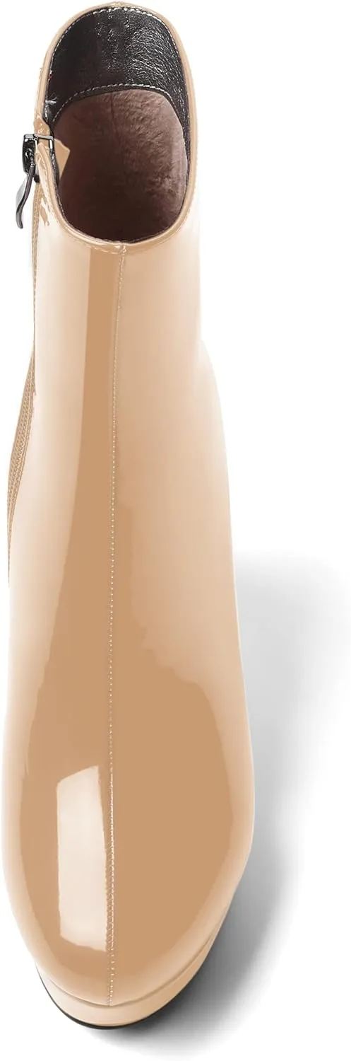 AMBELIGHT Womens Patent Ankle High Boots Sexy Zip Platform Solid Round Toe Wedge High Heel Mid Calf Boots 4 Inch