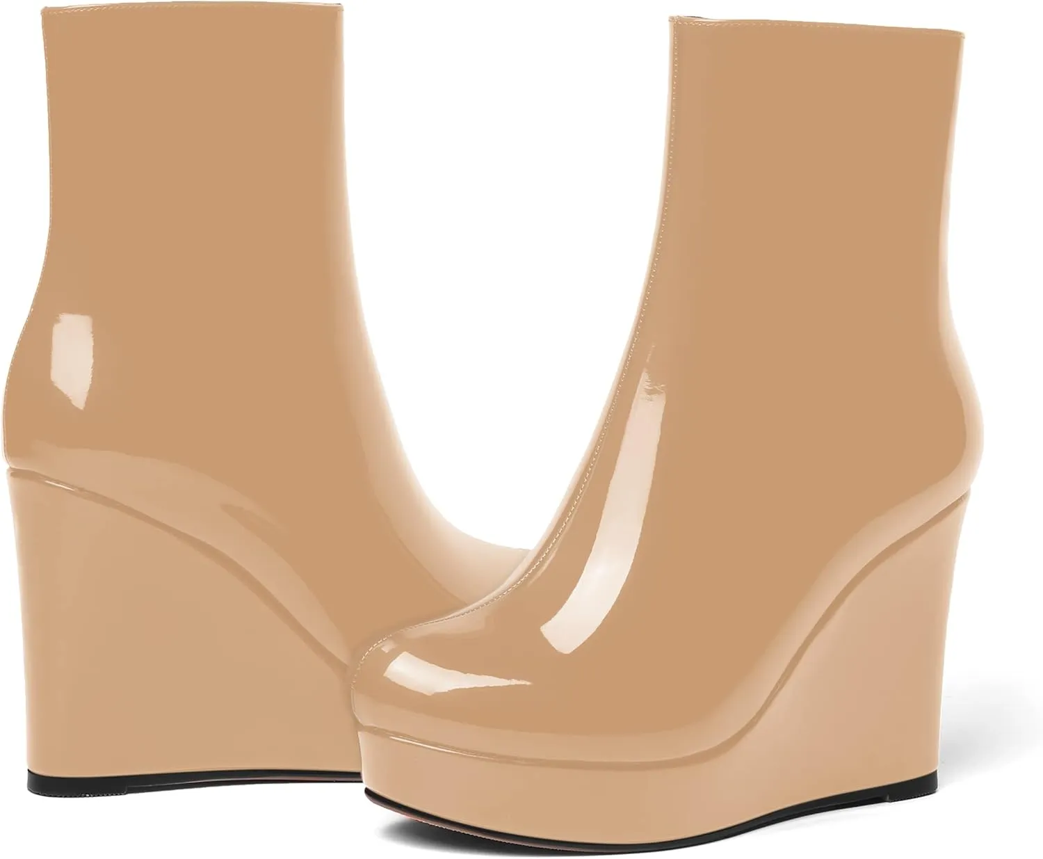 AMBELIGHT Womens Patent Ankle High Boots Sexy Zip Platform Solid Round Toe Wedge High Heel Mid Calf Boots 4 Inch