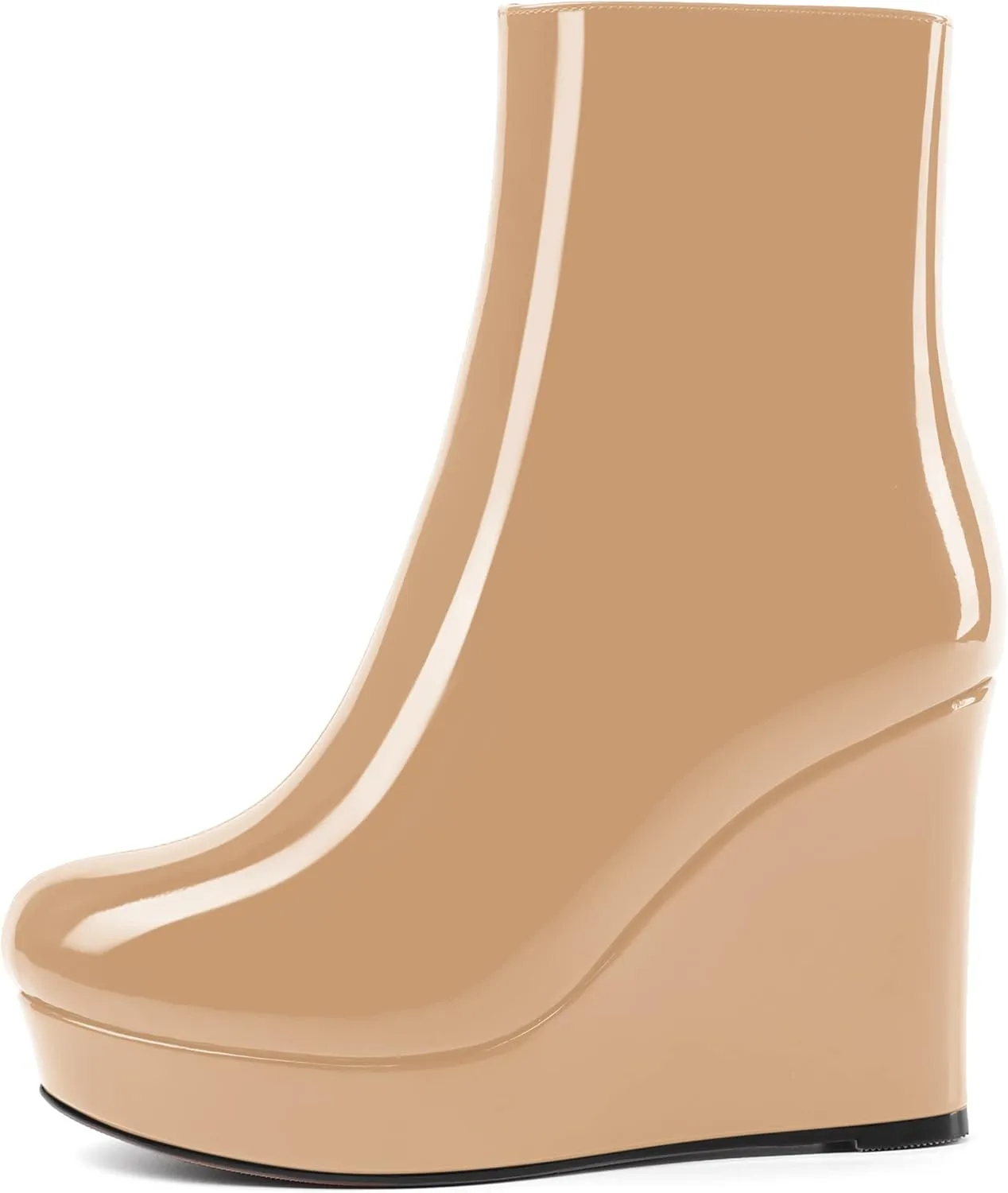 AMBELIGHT Womens Patent Ankle High Boots Sexy Zip Platform Solid Round Toe Wedge High Heel Mid Calf Boots 4 Inch