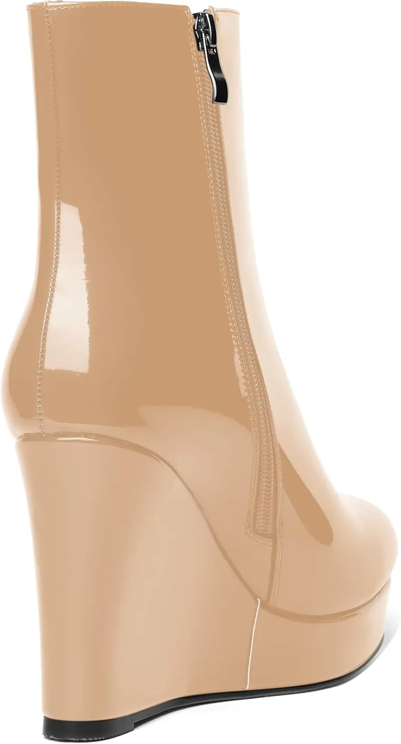 AMBELIGHT Womens Patent Ankle High Boots Sexy Zip Platform Solid Round Toe Wedge High Heel Mid Calf Boots 4 Inch