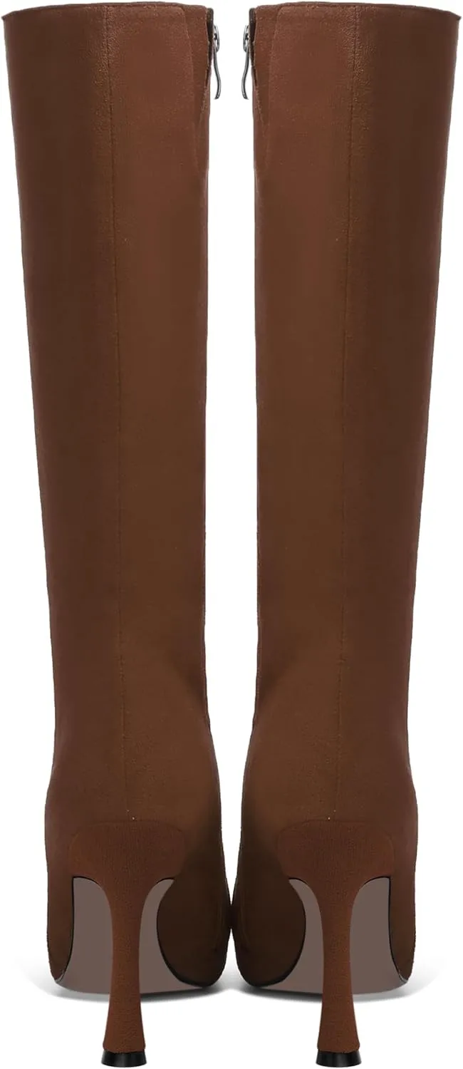 AMBELIGHT Womens Solid Pointed Toe Zip Dating Casual Suede Stiletto High Heel Knee High Boots 4 Inch
