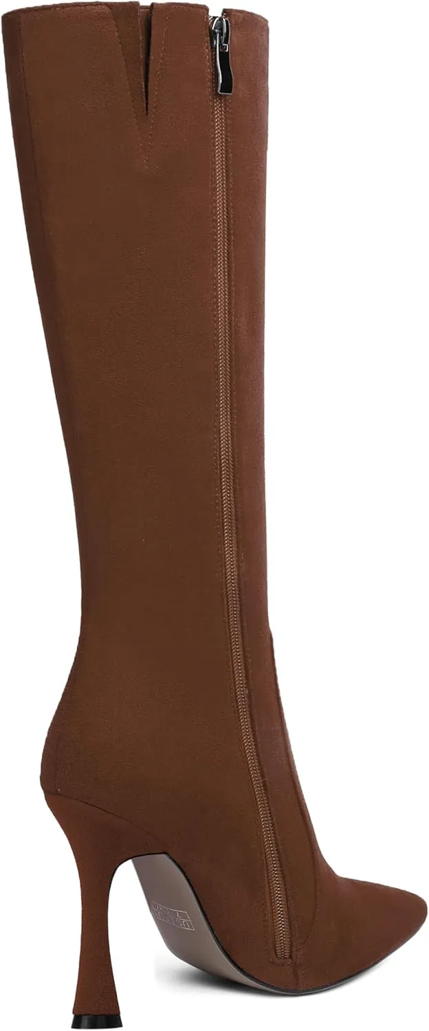 AMBELIGHT Womens Solid Pointed Toe Zip Dating Casual Suede Stiletto High Heel Knee High Boots 4 Inch