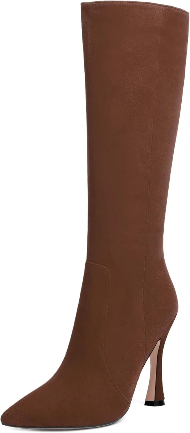 AMBELIGHT Womens Solid Pointed Toe Zip Dating Casual Suede Stiletto High Heel Knee High Boots 4 Inch