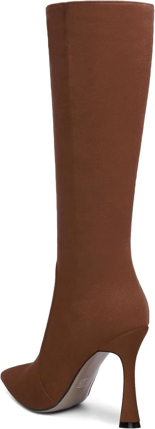 AMBELIGHT Womens Solid Pointed Toe Zip Dating Casual Suede Stiletto High Heel Knee High Boots 4 Inch