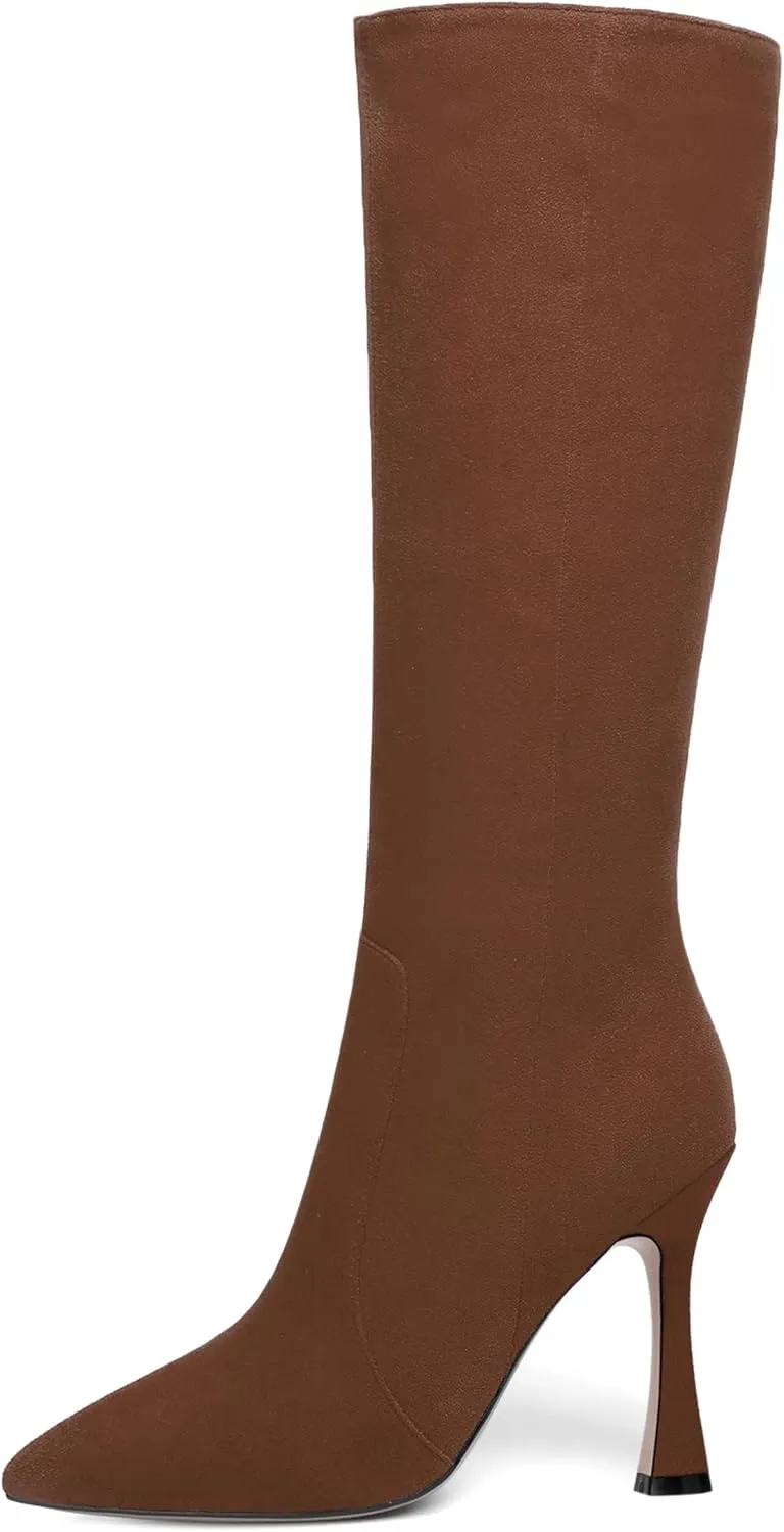 AMBELIGHT Womens Solid Pointed Toe Zip Dating Casual Suede Stiletto High Heel Knee High Boots 4 Inch