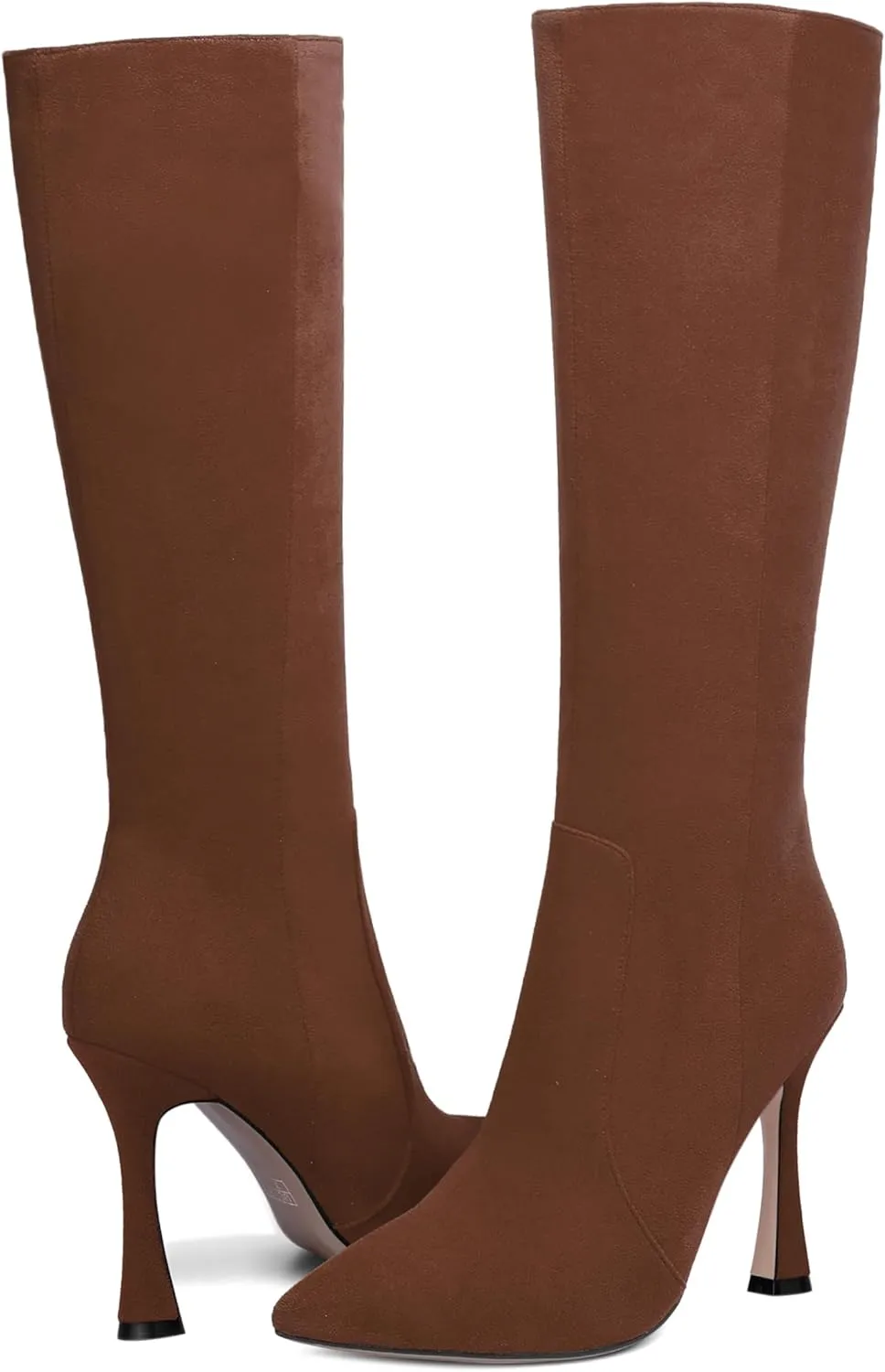 AMBELIGHT Womens Solid Pointed Toe Zip Dating Casual Suede Stiletto High Heel Knee High Boots 4 Inch