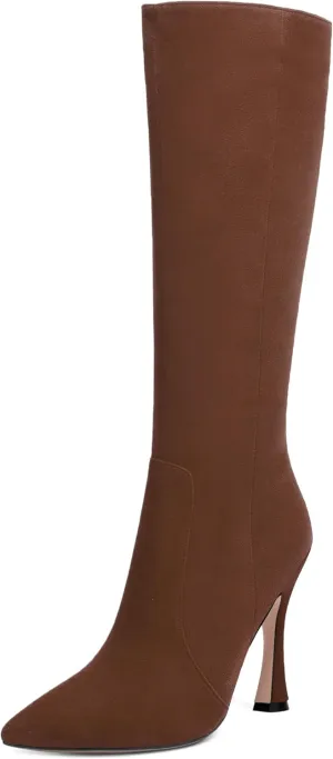 AMBELIGHT Womens Solid Pointed Toe Zip Dating Casual Suede Stiletto High Heel Knee High Boots 4 Inch