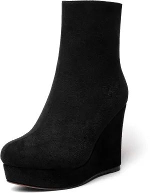 AMBELIGHT Womens Suede Round Toe Wedge Boots Night Club Zip Fashion Platform Wedge High Heel Ankle High Boots 4 Inch