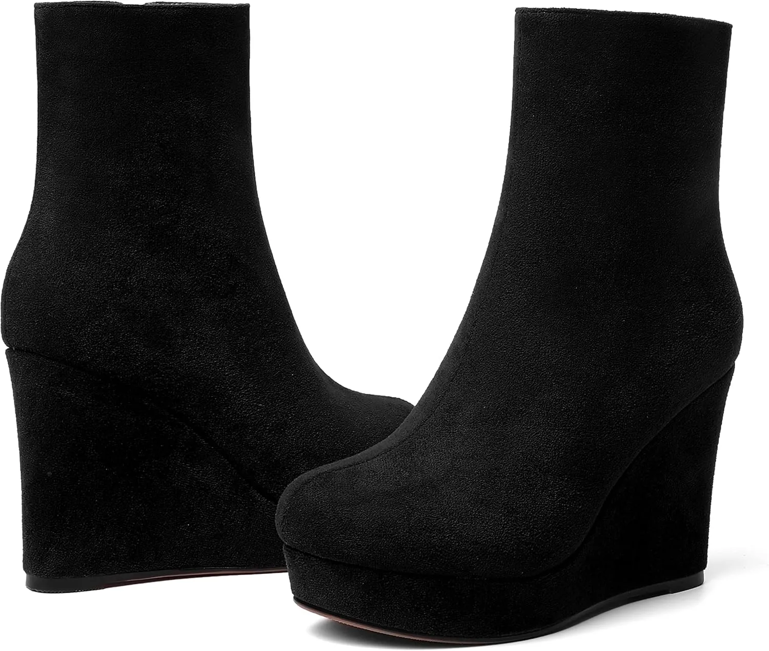 AMBELIGHT Womens Suede Round Toe Wedge Boots Night Club Zip Fashion Platform Wedge High Heel Ankle High Boots 4 Inch