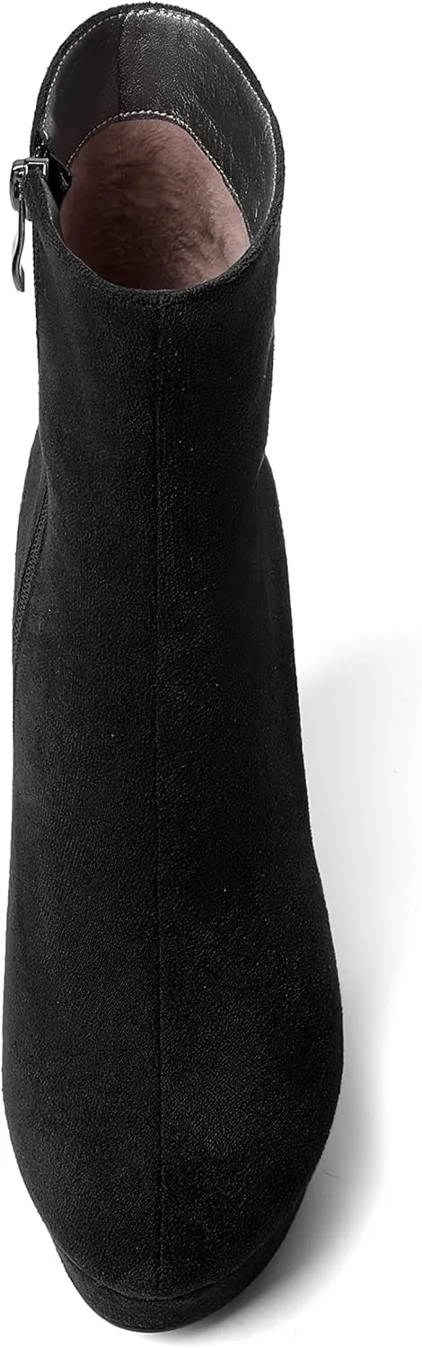 AMBELIGHT Womens Suede Round Toe Wedge Boots Night Club Zip Fashion Platform Wedge High Heel Ankle High Boots 4 Inch