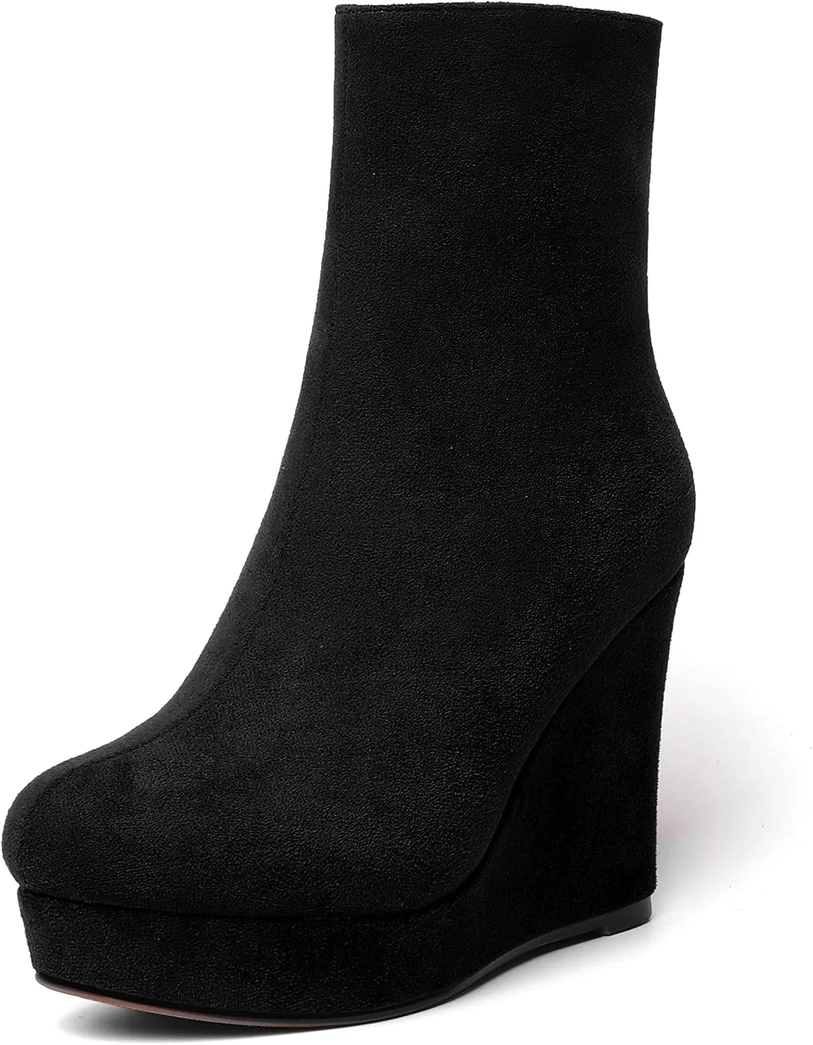 AMBELIGHT Womens Suede Round Toe Wedge Boots Night Club Zip Fashion Platform Wedge High Heel Ankle High Boots 4 Inch