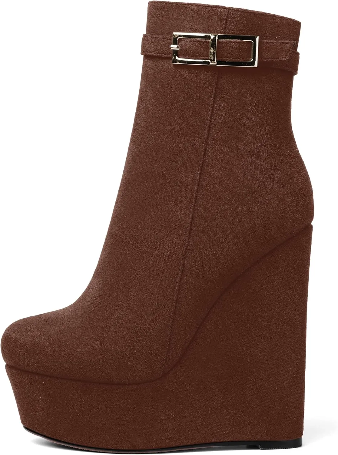 AMBELIGHT Womens Suede Zip Dress Platform Round Toe Solid Wedge High Heel Ankle High Boots 6 Inch