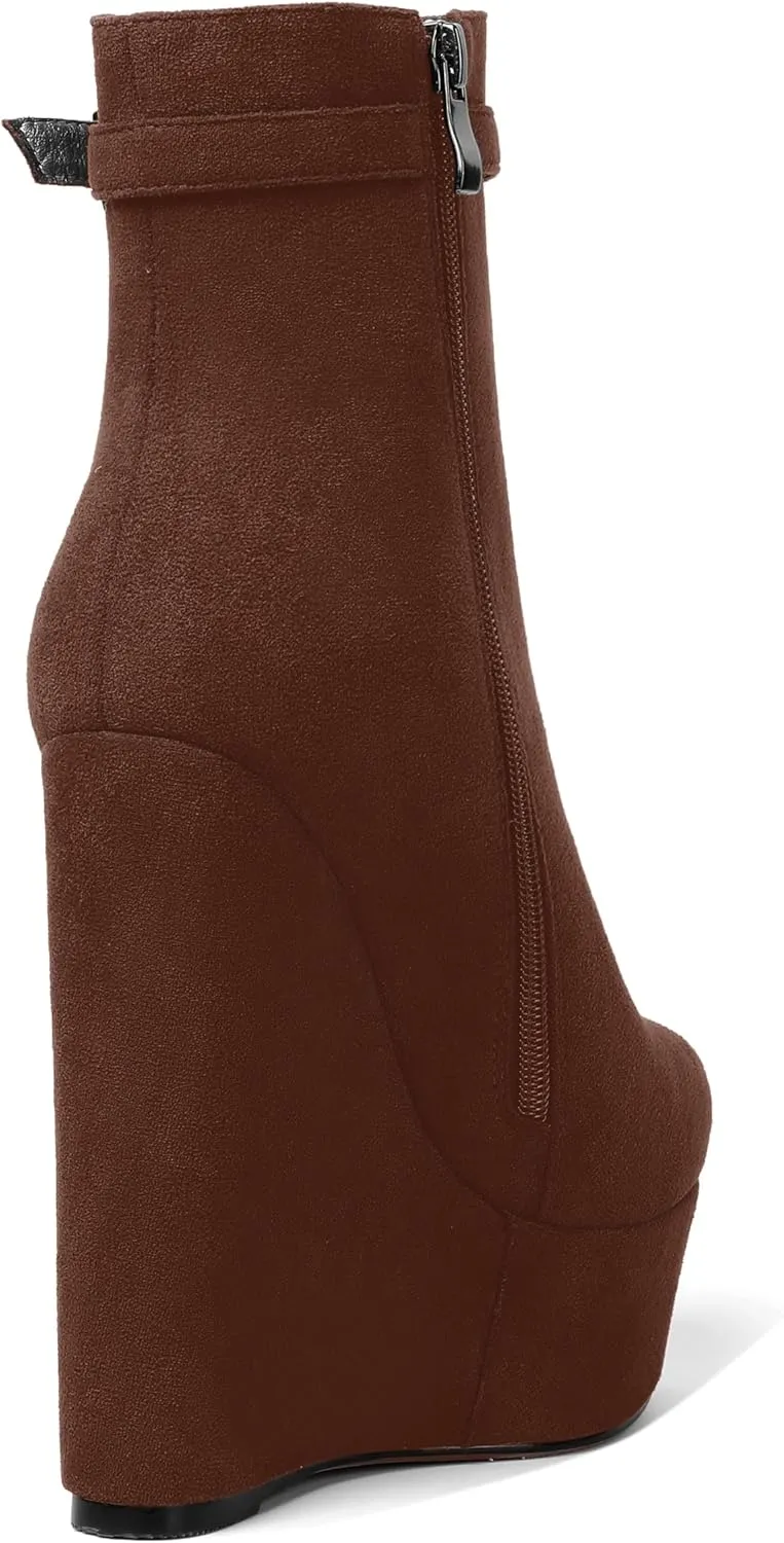 AMBELIGHT Womens Suede Zip Dress Platform Round Toe Solid Wedge High Heel Ankle High Boots 6 Inch