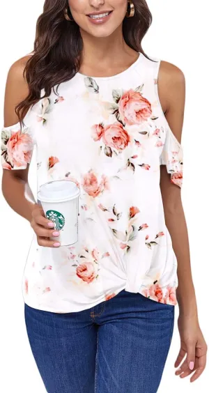 ANCAPELION Women’s Cold Shoulder Shirt Short Sleeve Round Neck T-Shirt Knot Twist Tee Blouse Casual Tops for Women