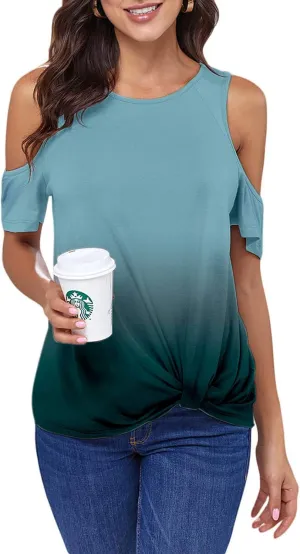 ANCAPELION Women’s Cold Shoulder Shirt Short Sleeve Round Neck T-Shirt Knot Twist Tee Blouse Casual Tops for Women