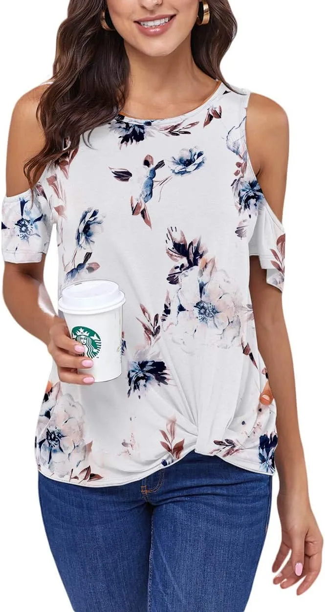 ANCAPELION Women’s Cold Shoulder Shirt Short Sleeve Round Neck T-Shirt Knot Twist Tee Blouse Casual Tops for Women