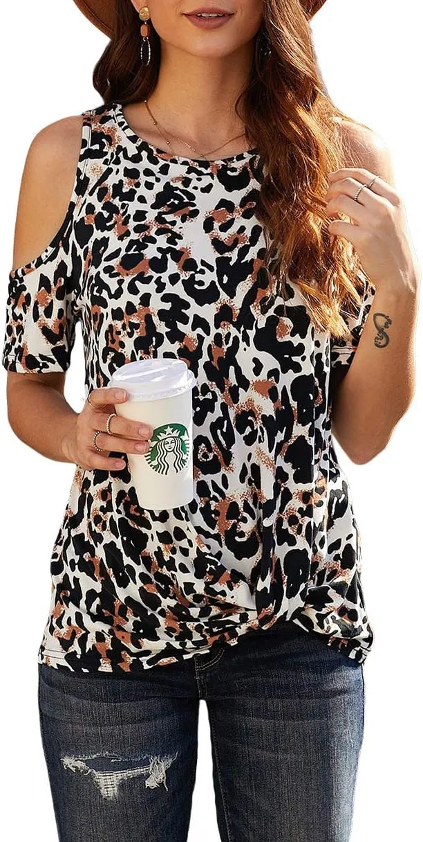 ANCAPELION Women’s Cold Shoulder Shirt Short Sleeve Round Neck T-Shirt Knot Twist Tee Blouse Casual Tops for Women
