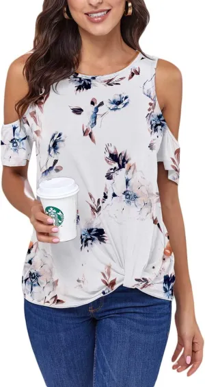 ANCAPELION Women’s Cold Shoulder Shirt Short Sleeve Round Neck T-Shirt Knot Twist Tee Blouse Casual Tops for Women