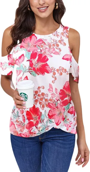 ANCAPELION Women’s Cold Shoulder Shirt Short Sleeve Round Neck T-Shirt Knot Twist Tee Blouse Casual Tops for Women