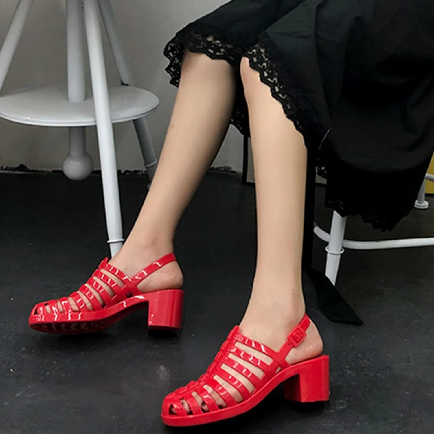 AngryMonkey Women's Crystal Jelly High Heel Sandals,Summer New Baotou Slingback Ankle Strap Sheer Fisherman Beach Shoes