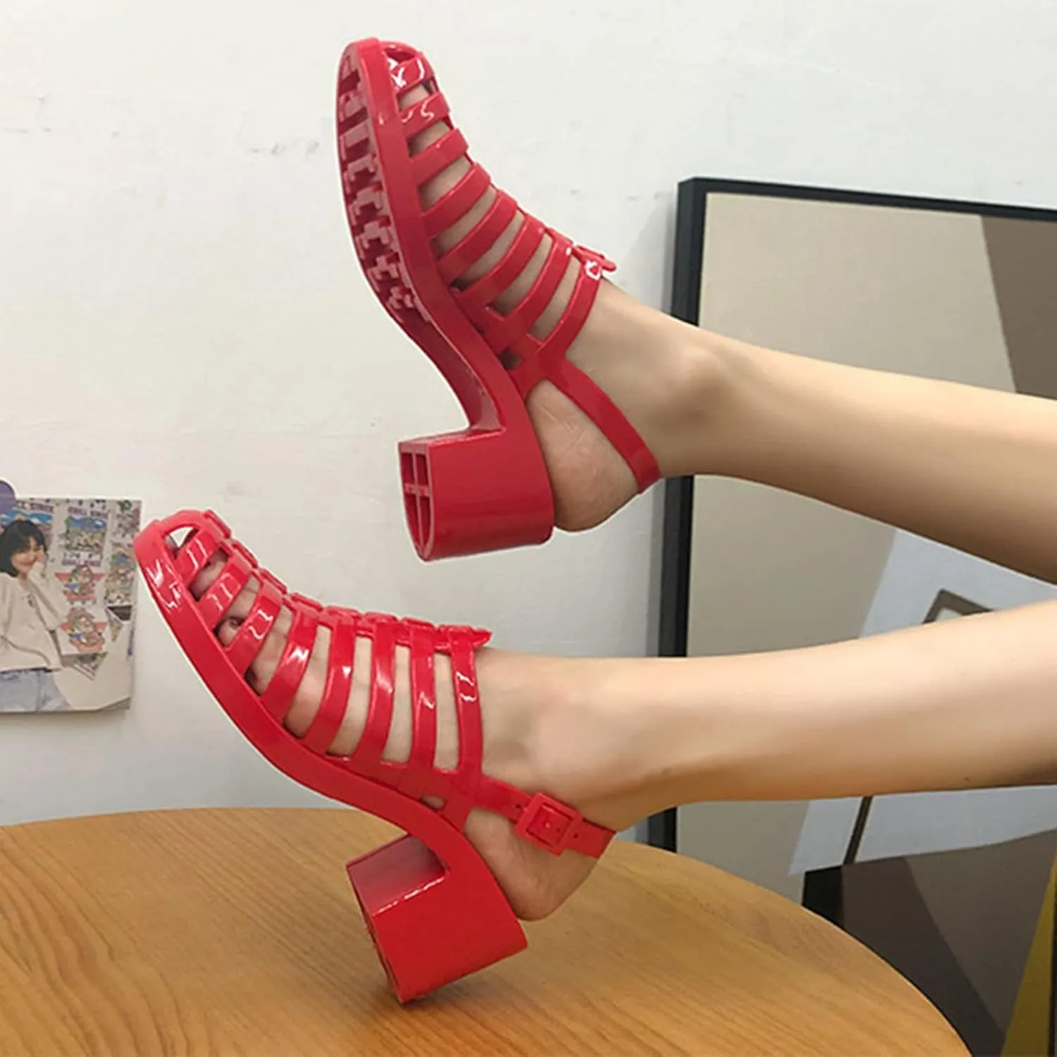 AngryMonkey Women's Crystal Jelly High Heel Sandals,Summer New Baotou Slingback Ankle Strap Sheer Fisherman Beach Shoes