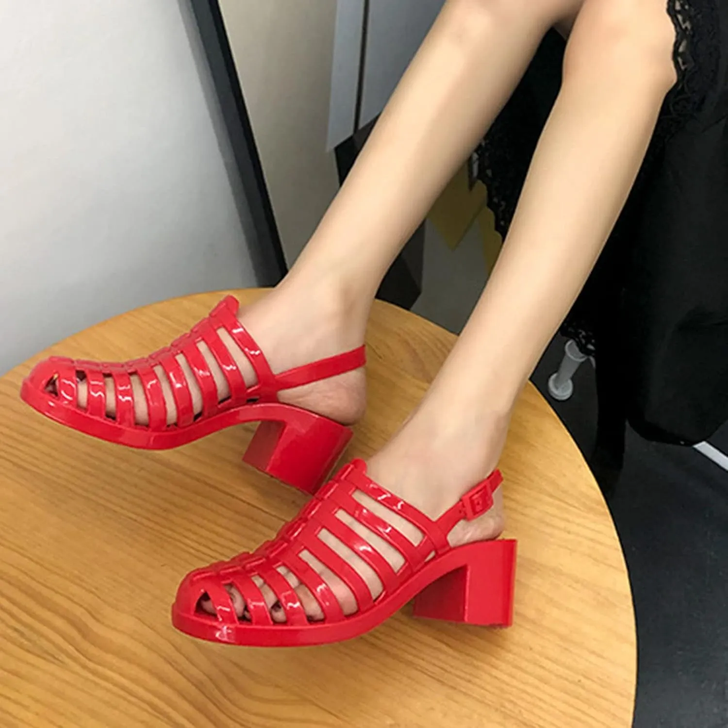 AngryMonkey Women's Crystal Jelly High Heel Sandals,Summer New Baotou Slingback Ankle Strap Sheer Fisherman Beach Shoes