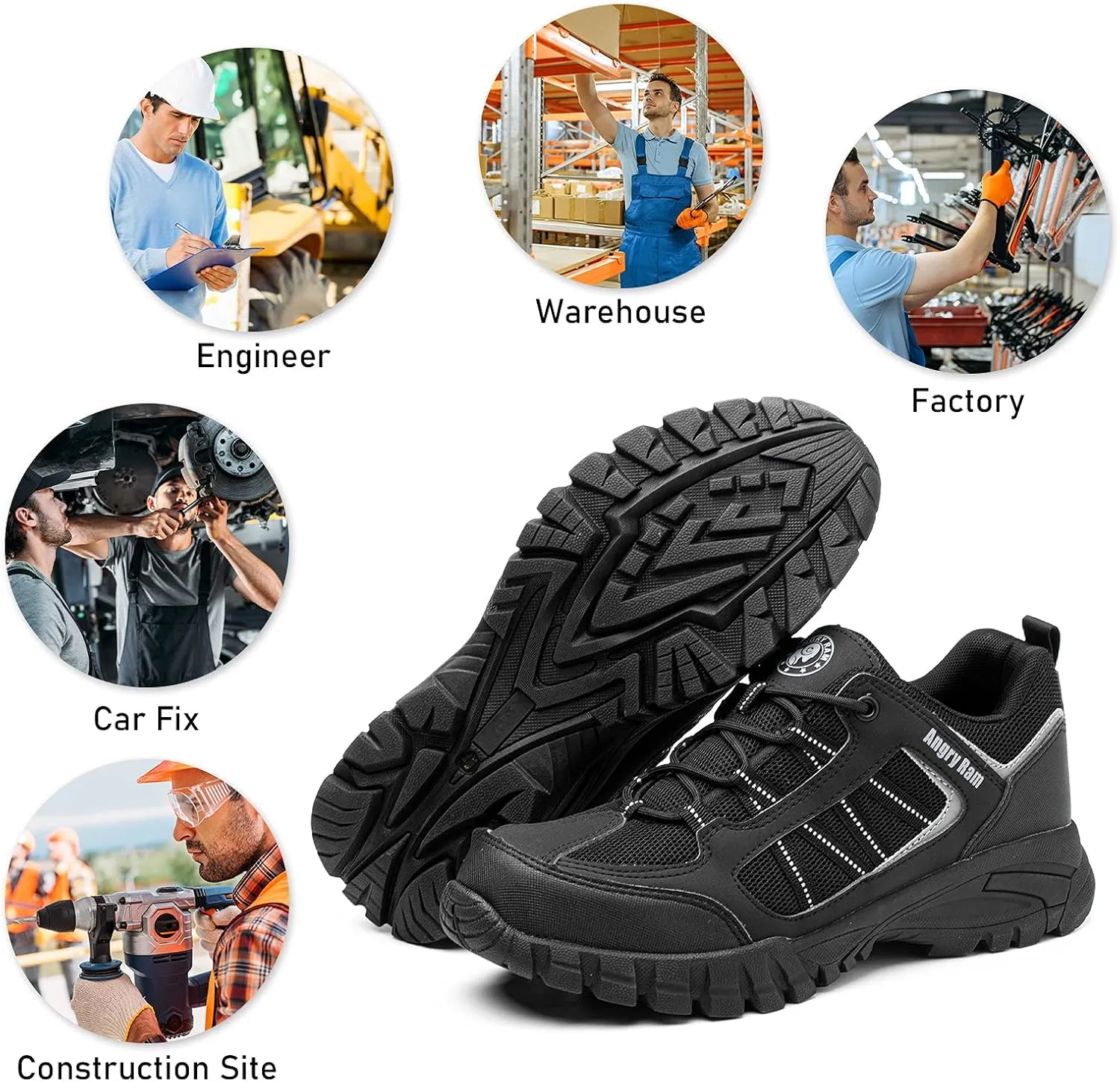 ANGRYRAM Steel Toe Shoes for Men Women Lightweight Indestructible Work Shoes Breathable Slip Resistant Safety Sneakers Comfortable Puncture Proof Shoes for Working Construction Industry