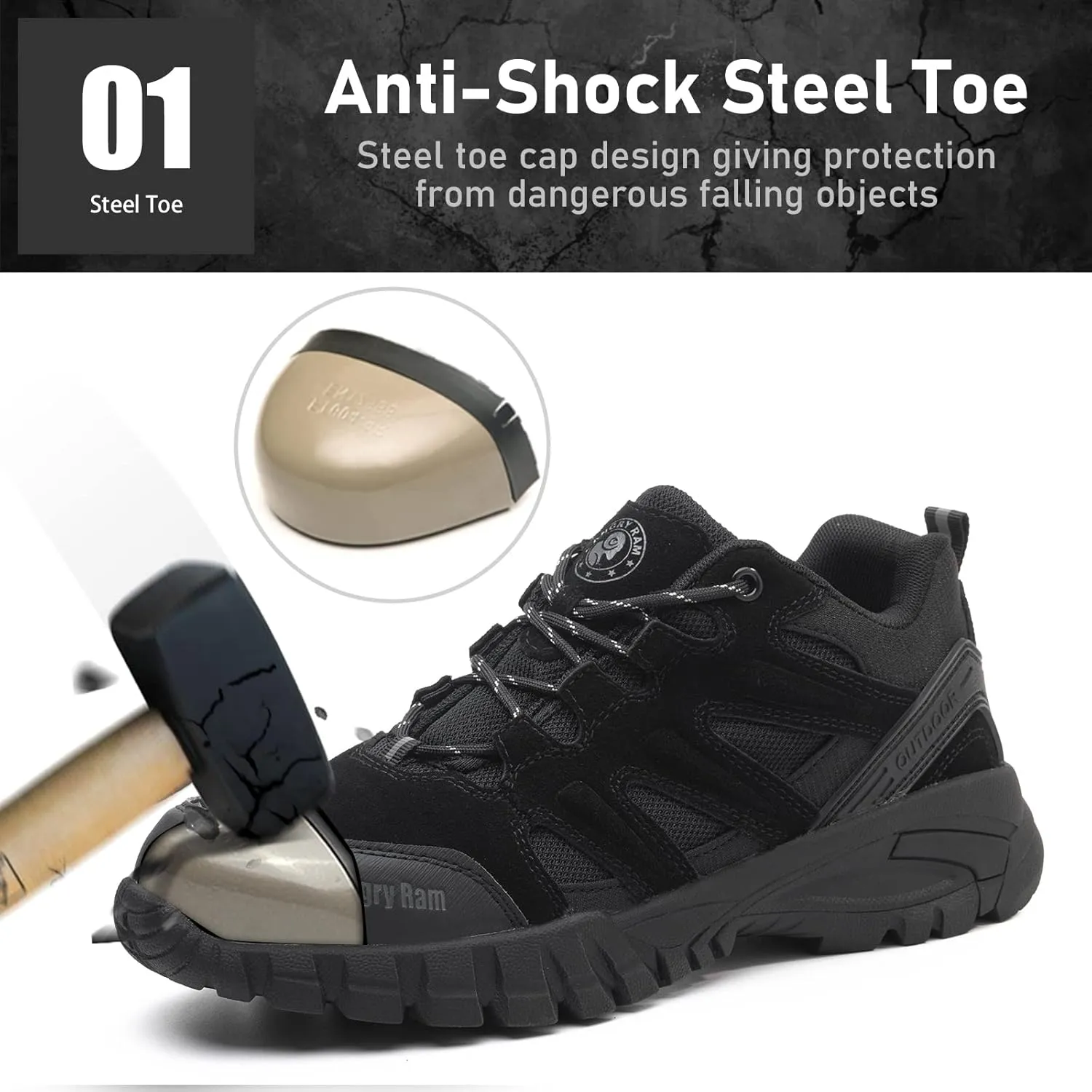 ANGRYRAM Steel Toe Shoes for Men Women Lightweight Indestructible Work Shoes Breathable Slip Resistant Safety Sneakers Comfortable Puncture Proof Shoes for Working Construction Industry