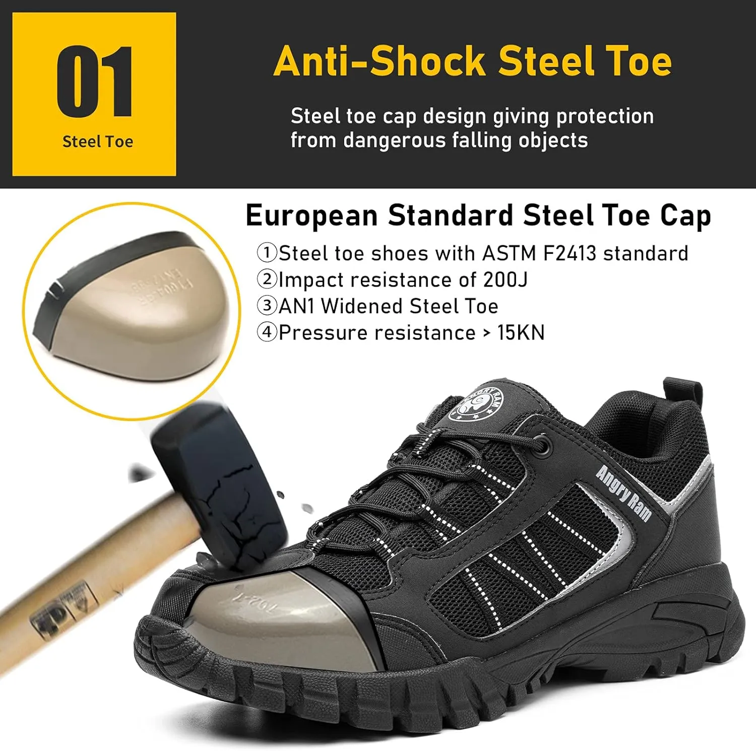 ANGRYRAM Steel Toe Shoes for Men Women Lightweight Indestructible Work Shoes Breathable Slip Resistant Safety Sneakers Comfortable Puncture Proof Shoes for Working Construction Industry