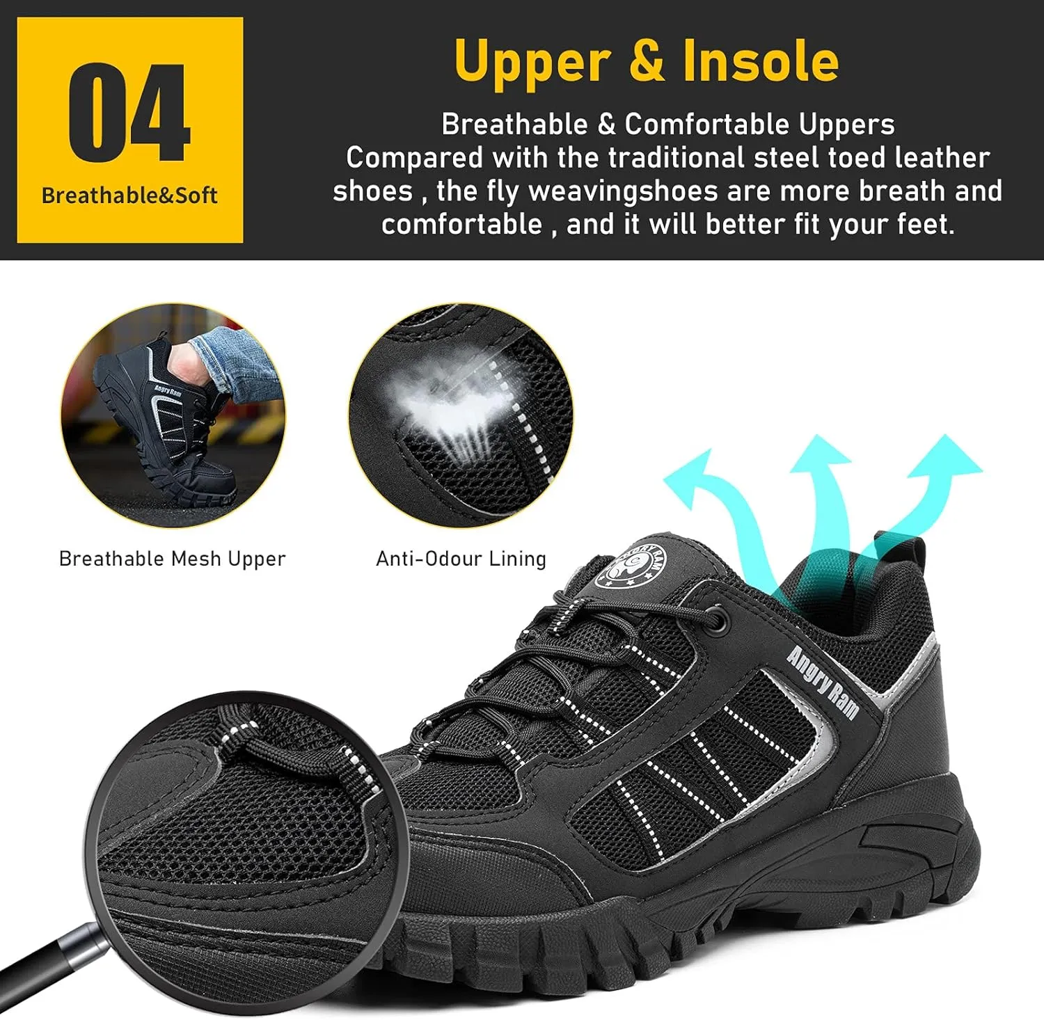 ANGRYRAM Steel Toe Shoes for Men Women Lightweight Indestructible Work Shoes Breathable Slip Resistant Safety Sneakers Comfortable Puncture Proof Shoes for Working Construction Industry
