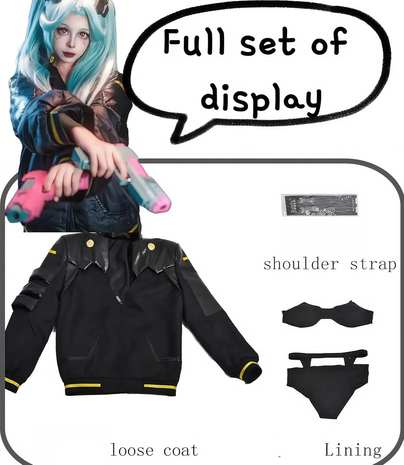 Anime Edgerunners Rebecca Cosplay Costume, Sexy PU Outfit Violent Women’s Set w/Lining Coat for Halloween