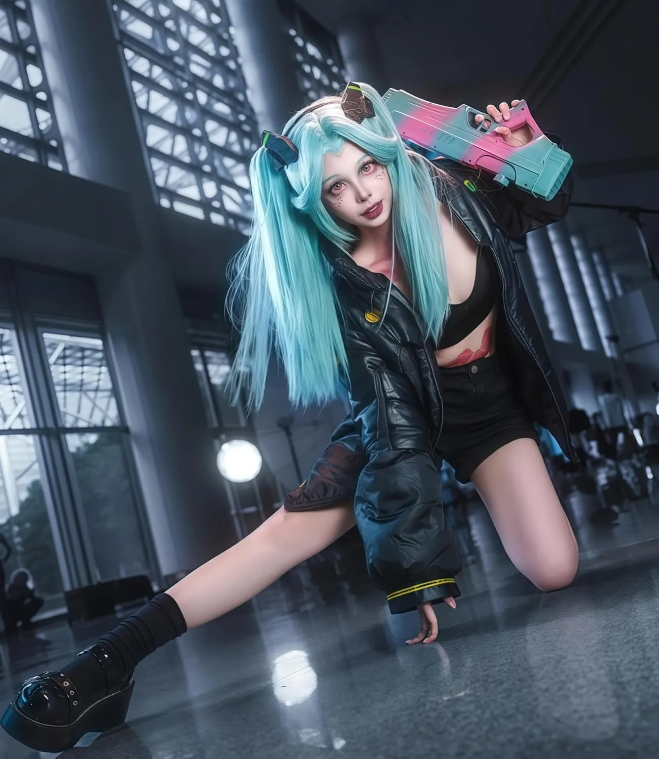 Anime Edgerunners Rebecca Cosplay Costume, Sexy PU Outfit Violent Women’s Set w/Lining Coat for Halloween