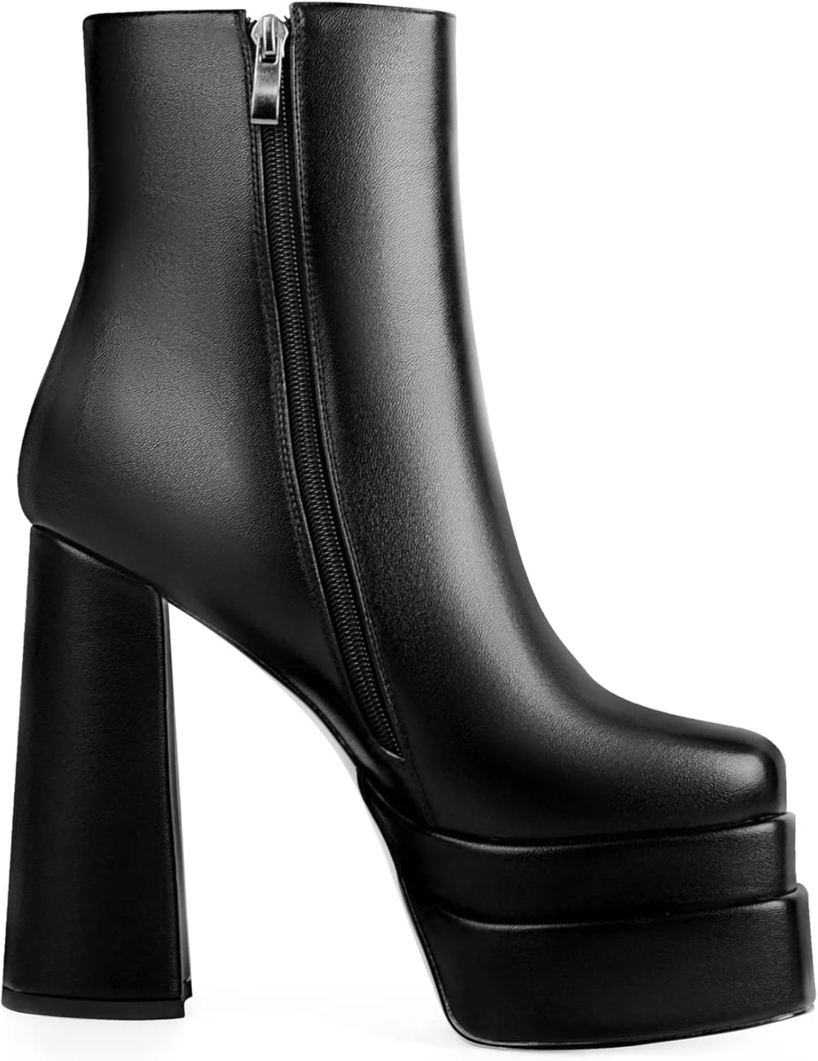 ANN CREEK Women's Double Platform Ankle Boots Chunky Heel Booties Side Zipper Square Toe High Heel Casual Boots