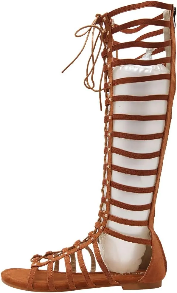ANUFER Women Knee High Gladiator Sandals Boots Flat Lace Up Zip Roman Strappy Sandals
