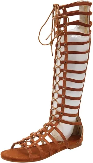 ANUFER Women Knee High Gladiator Sandals Boots Flat Lace Up Zip Roman Strappy Sandals