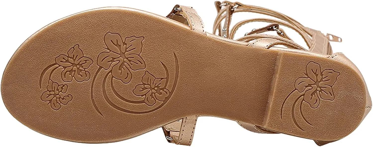 ANUFER Womens Knee High Roman Gladiator Sandals Rivets Studded Strappy Zipper Thong Sandals