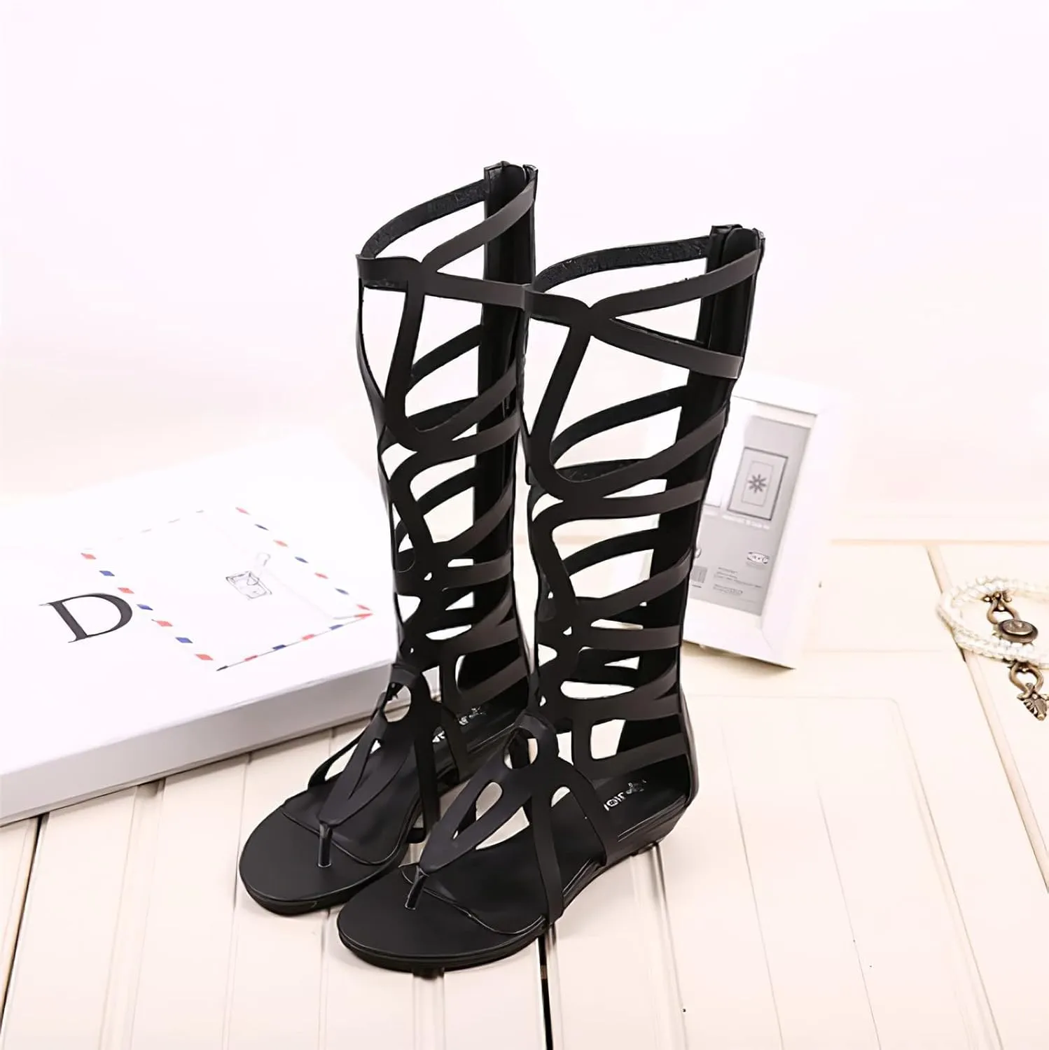 ANUFER Womens Knee High Roman Gladiator Sandals Rivets Studded Strappy Zipper Thong Sandals