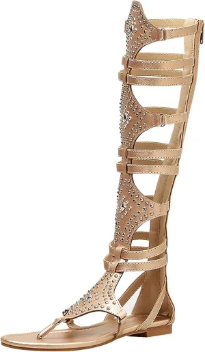 ANUFER Womens Knee High Roman Gladiator Sandals Rivets Studded Strappy Zipper Thong Sandals