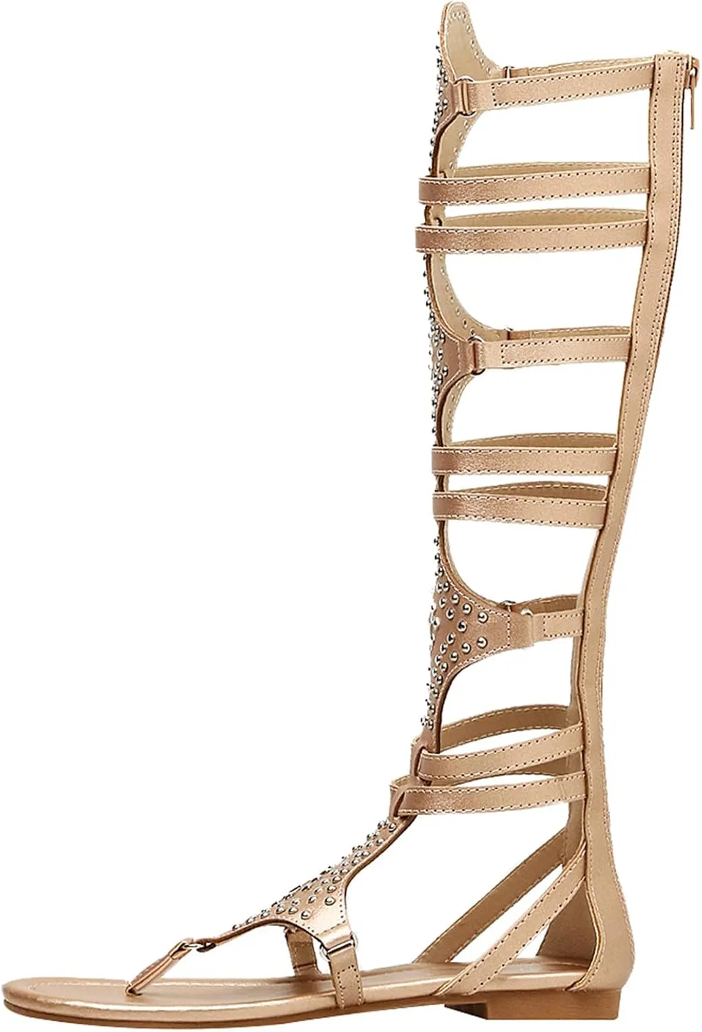 ANUFER Womens Knee High Roman Gladiator Sandals Rivets Studded Strappy Zipper Thong Sandals